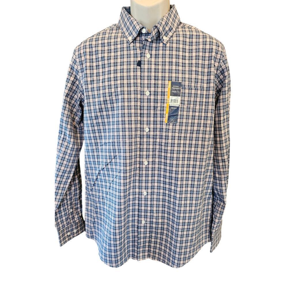 NWT classic fit wrinkle resistant long sleeve pink blue checkered button up M